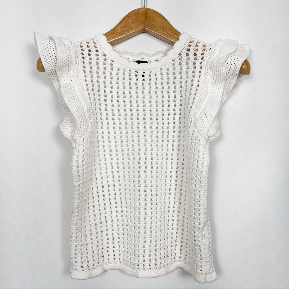 GAP Women’s White 100% Cotton Flutter Sleeve Crochet Sweater Size XS Feminine - Picture 3 of 10